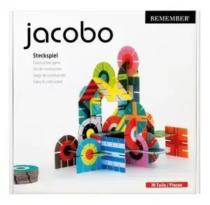 Konstruktion spil "Jacobo" med 70 farverige cirkler og firkanter i forskellige mønstre.