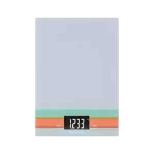 Flad køkkenvægt med digital display (1233 g) og touch-knapper til "Enhed" og "Tara".