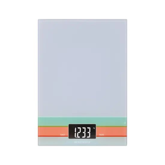 Flad køkkenvægt med digital display (1233 g) og touch-knapper til "Enhed" og "Tara".