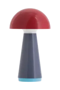 Rød Bob bordlampe med svampeformet skærm og konisk struktur, bredere ved basen.