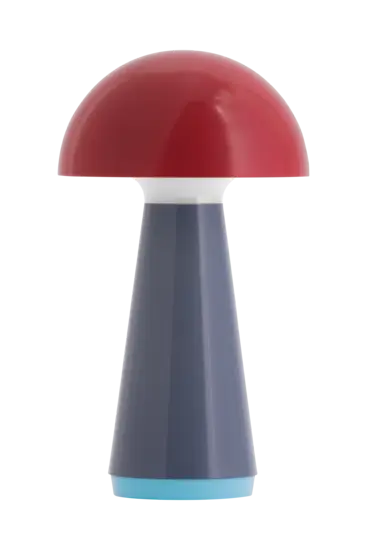 Rød Bob bordlampe med svampeformet skærm og konisk struktur, bredere ved basen.