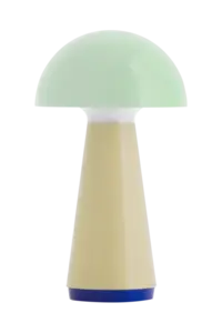 Bob bordlampe med mintgrønt kuppelformet top, beige midte og blå bund; kompakt design.