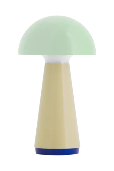 Bob bordlampe med mintgrønt kuppelformet top, beige midte og blå bund; kompakt design.