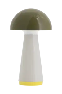 Bordlampe med olivengrøn kuppelskærm, hvid cylinderfod og gul accent. Moderne og minimalistisk design.