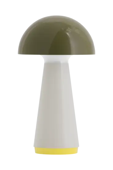 Bordlampe med olivengrøn kuppelskærm, hvid cylinderfod og gul accent. Moderne og minimalistisk design.