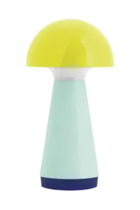 Gul bordlampe med kuppelformet skærm og cylindrisk base i lyseblå med mørk kant nederst.