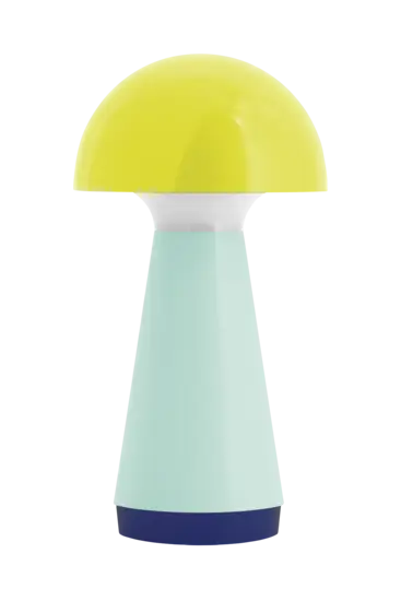 Gul bordlampe med kuppelformet skærm og cylindrisk base i lyseblå med mørk kant nederst.