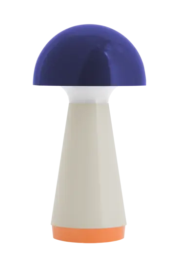 Lille bordlampe med blå kuppelskærm, lys cylinderbase og orange accent i bunden.