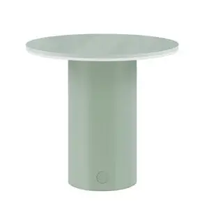 "Fungo" bordlampe i mint med cylindrisk base og fladt, rundt lysende top. Knap på basen.