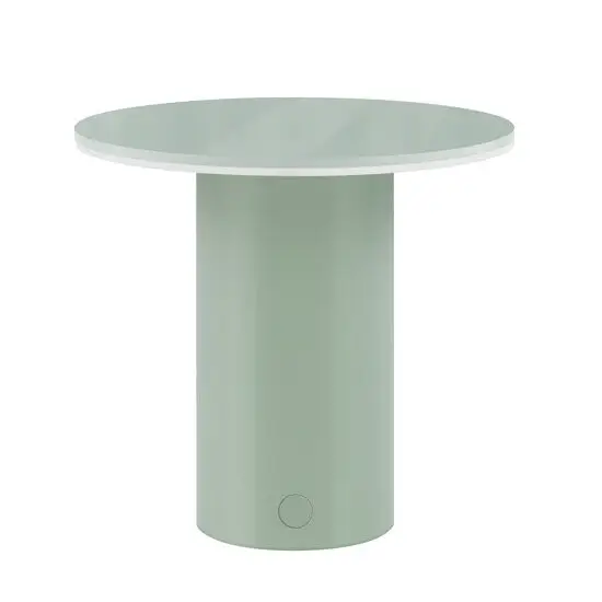 "Fungo" bordlampe i mint med cylindrisk base og fladt, rundt lysende top. Knap på basen.