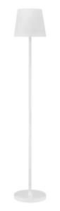 Minimalistisk hvid gulvlampe med cylindrisk skærm, slank stang og rund fod.
