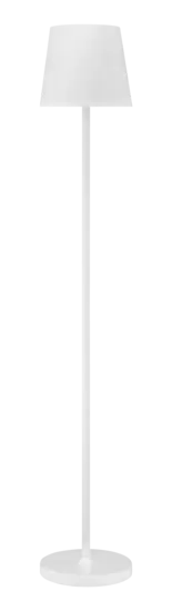 Minimalistisk hvid gulvlampe med cylindrisk skærm, slank stang og rund fod.