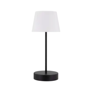 Bordlampe med sort cylinderbase og hvid konisk skærm, enkel og elegant design.