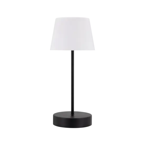 Bordlampe med sort cylinderbase og hvid konisk skærm, enkel og elegant design.