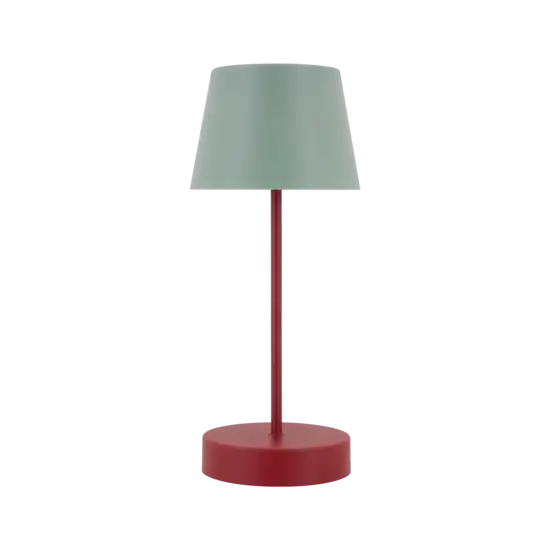 Lille bordlampe med moderne design, rød base og stilk samt grøn, konisk lampeskærm.