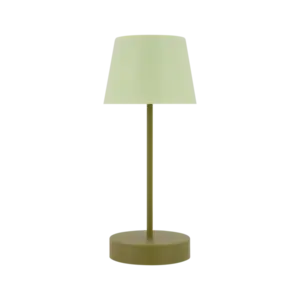 Enkel bordlampe med rund fod, slank stang og konisk skærm i ensartet farve.