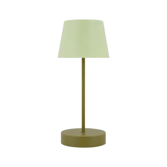 Enkel bordlampe med rund fod, slank stang og konisk skærm i ensartet farve.