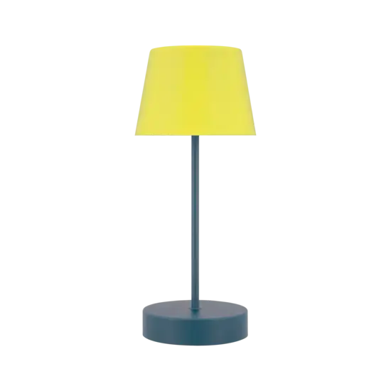 Bordlampe med blå cylinderbase og gul, konisk skærm, bredere i bunden, smallere i toppen.