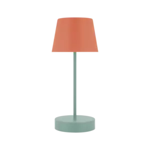 Moderne bordlampe med grøn base, lige stang og orange konisk skærm.