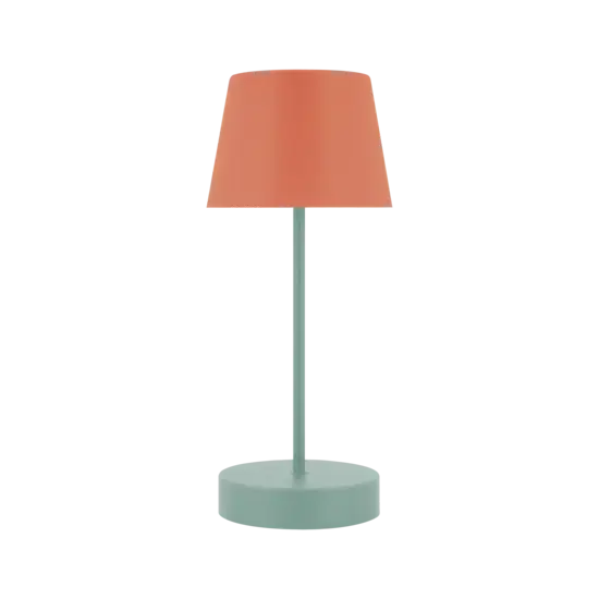 Moderne bordlampe med grøn base, lige stang og orange konisk skærm.
