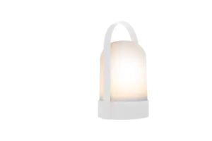Lille, bærbar lampe med hvidt ydre og bærehåndtag. Moderne design.