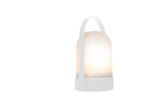 Lille, bærbar lampe med hvidt ydre og bærehåndtag. Moderne design.