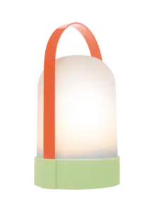Moderne bærbar lampe med afrundet top og cylinderbase, udstyret med håndtag til nem transport.
