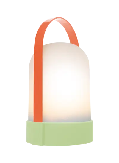 Moderne bærbar lampe med afrundet top og cylinderbase, udstyret med håndtag til nem transport.