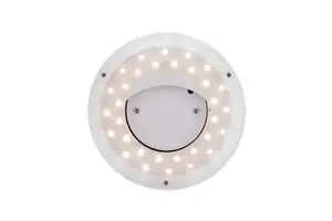 Rund hvid væglampe med små LED-lys langs kanten og synlige monteringspunkter.