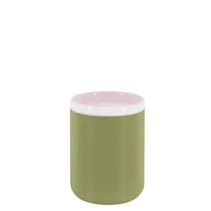 Lille cylindrisk beholder i grøn med pink låg. Enkel og moderne stil.