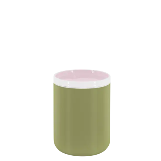 Lille cylindrisk beholder i grøn med pink låg. Enkel og moderne stil.