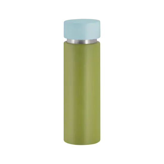 Cylindrisk salt- og peberkværn, grøn krop, lyseblå top, metallisk bånd under toppen.