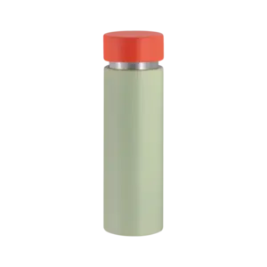Cylindrisk kværn med lysegrøn krop, rød top og metallisk bånd. Minimalistisk design.