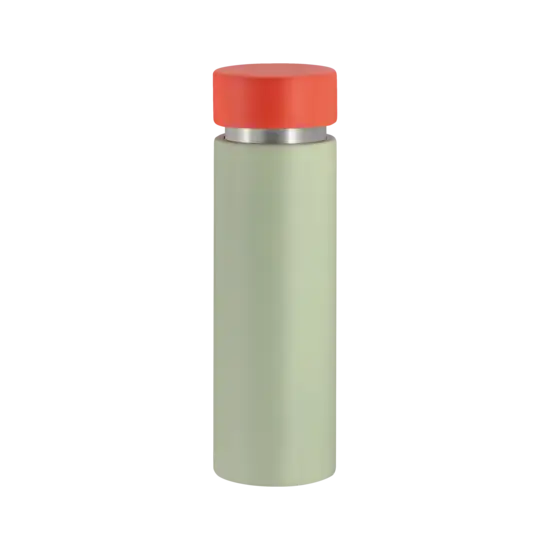 Cylindrisk kværn med lysegrøn krop, rød top og metallisk bånd. Minimalistisk design.