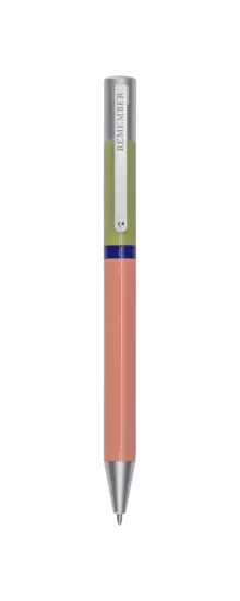 Kuglepen med peach, grøn og blå accenter, sølvclip øverst og spids spids.