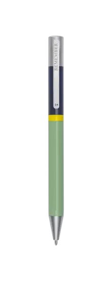 Grøn-grå kuglepen med gradient til mørkeblå, gul detalje og metalclips. Drejemekanisme.