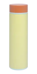 Cylindrisk termoflaske med lys krop og kontrastfarvet skruelåg.