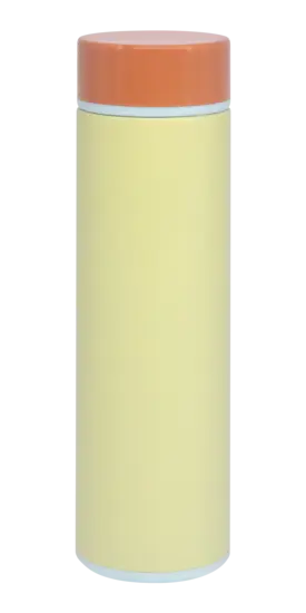 Cylindrisk termoflaske med lys krop og kontrastfarvet skruelåg.