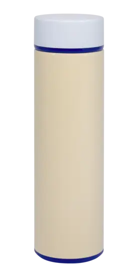 Enkel, moderne termoflaske med lys krop, hvidt låg og kontrastfarvede kanter.