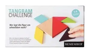 Farverigt Tangram Challenge-spil fra Remember til 1-4 spillere med geometriske former på æsken.