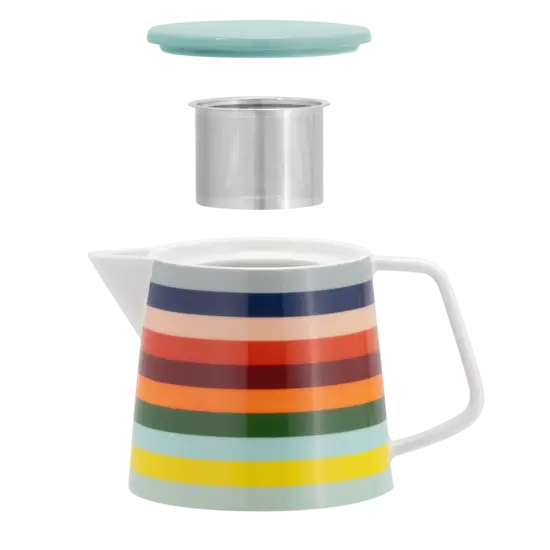 Farverig stribet tekande med låg og løs infuser i rustfrit stål.