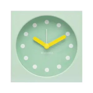 Minimalist bordur med lysegrøn skive, hvide prikker som timemarkører og gule visere.