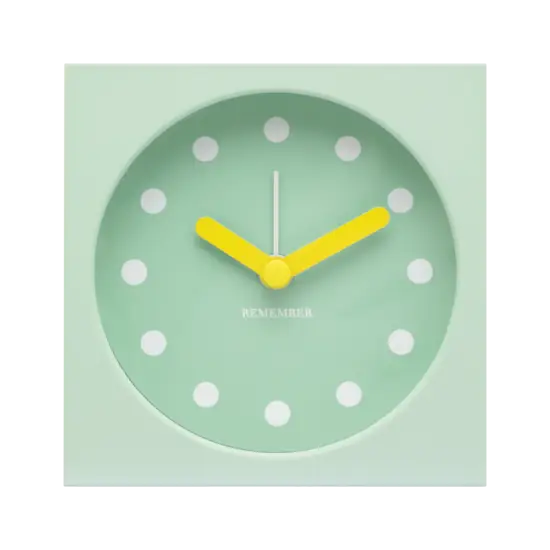 Minimalist bordur med lysegrøn skive, hvide prikker som timemarkører og gule visere.