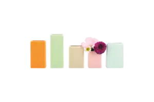 Fem rektangulære mini-vaser i pastelfarver, en med små blomster, minimalistisk design.