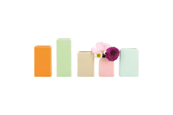 Fem rektangulære mini-vaser i pastelfarver, en med små blomster, minimalistisk design.