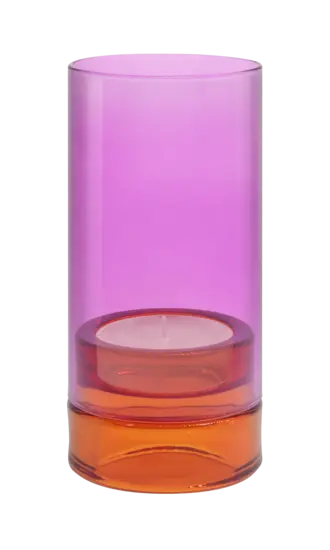 Glaslanterne i cylinderform, tofarvet rosa og orange, med plads til stearinlys indeni.