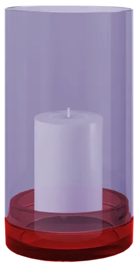 Stor cylindrisk glaslanterne "Lucius" med rødviolet base og hvidt søjlelys indeni.