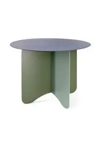 Rundt sidebord med minimalistisk design, to-tone farver og krydsende baseelementer i afdæmpede nuancer.