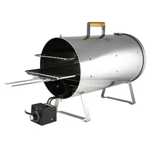 Cylindrisk rygeovn i metal med bærehåndtag og grillrist, står på to ben.