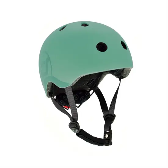 Glansfuld grøn cykelhjelm med ventilationshuller, justerbare stropper og synlig indre polstring.